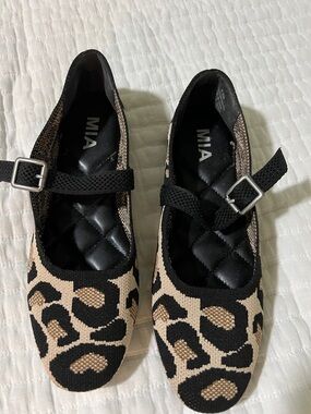 MIA Leopard Print Mary Jane Flats in Black and Tan Fabric